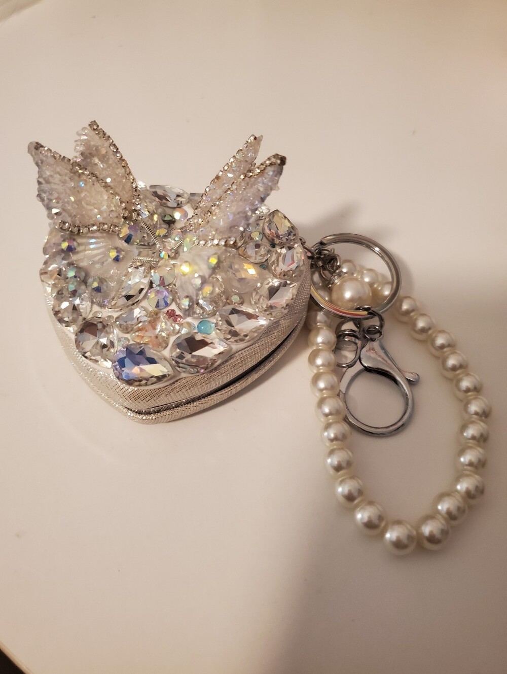 Heart Mirror - Rhinestone Butterfly With Keychain And Wristlet